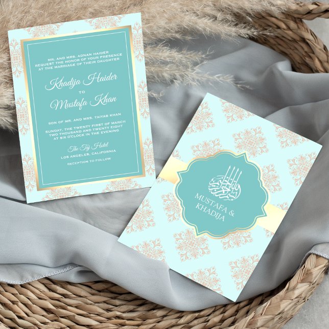 Invitation Rustique Pastel Aqua Blue Damask Mariage musulman (Créateur téléchargé)