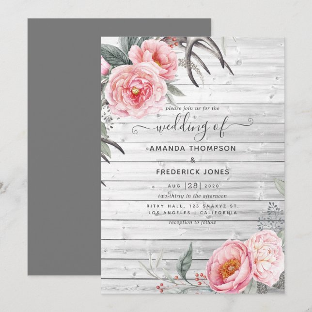 Invitation Rustique Pastel rose et gris Boho Mariage Floral (Devant / Derrière)