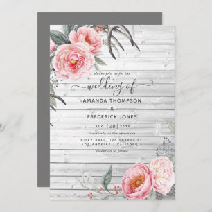 Invitation Rustique Pastel rose et gris Boho Mariage Floral