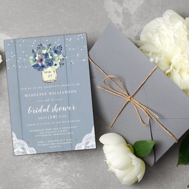 Invitation Rustique Pays Bleu Mason Jar Fête des mariées en b (Créateur téléchargé)