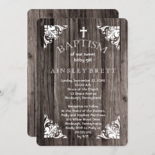 Invitation Rustique Pays Bois Bébé Fille Baptême
