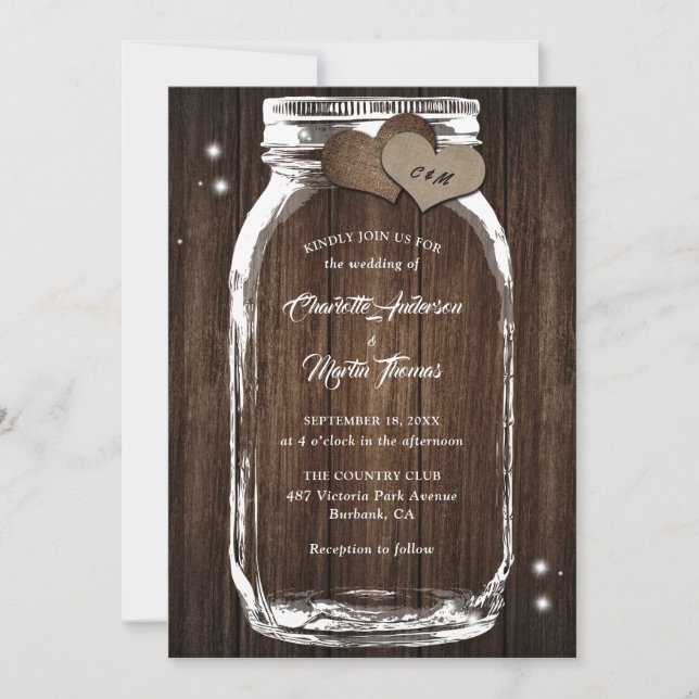 Invitation Rustique Pays Bois Burlap Coeur Mason Jar Mariage (Devant)