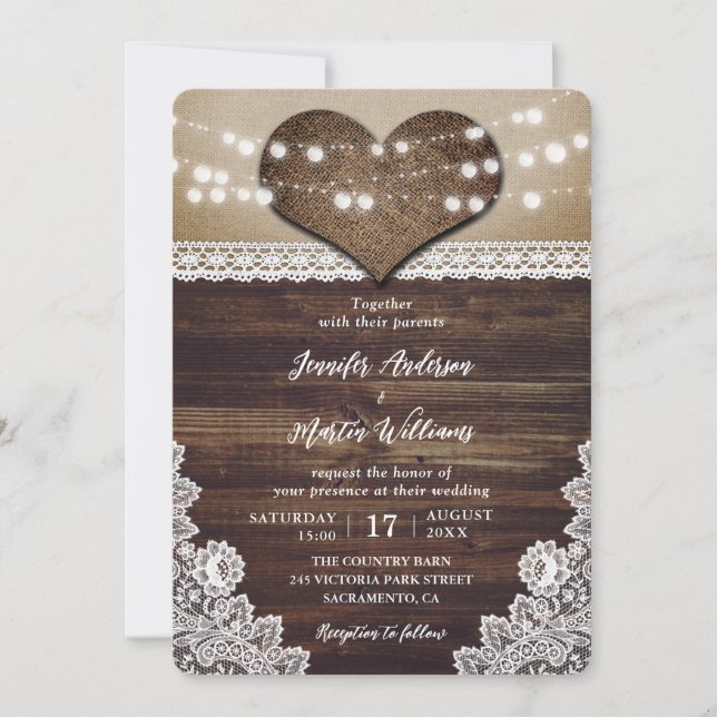 Invitation Rustique Pays Bois Burlap Lights Mariage (Devant)