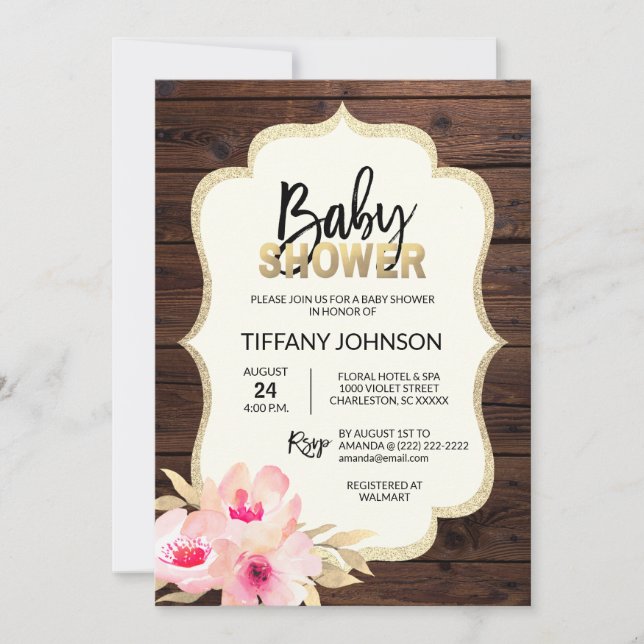 Invitation Rustique Pays Bois Floral Baby shower Or rose (Devant)