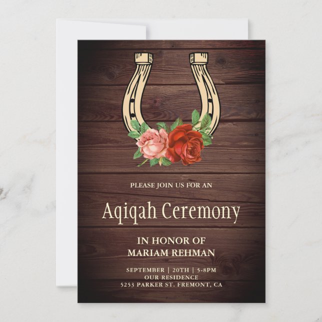 Invitation Rustique Pays Bois Floral Horseshoe Aqiqah (Devant)