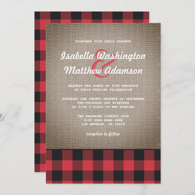 Invitation Rustique Pays Buffalo Plaid & Burlap Mariage (Devant / Derrière)