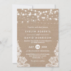Invitation Rustique Pays Burlap String Lights Mariage dentell