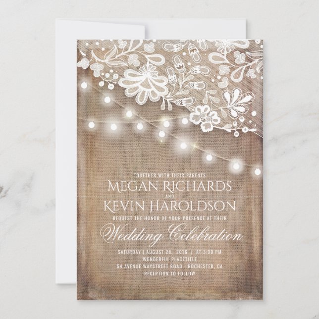 Invitation Rustique Pays Burlap String Lights Mariage dentell (Devant)