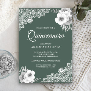 Invitation Rustique Pays Dusty Vert Floral Dentelle Quinceane