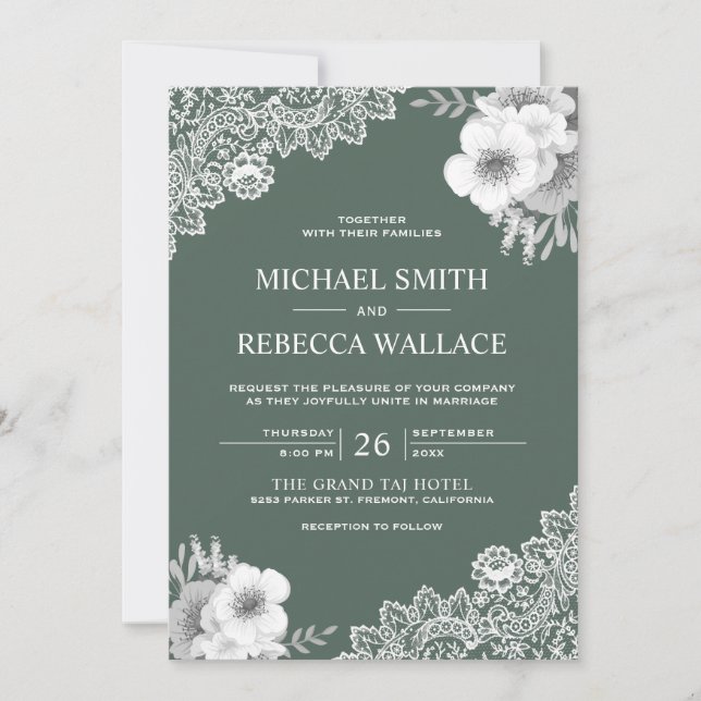Invitation Rustique Pays Dusty Vert Floral Mariage dentelle (Devant)