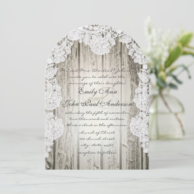 Invitation Rustique Pays Faux Lace Grange Mariage en bois (Debout devant)
