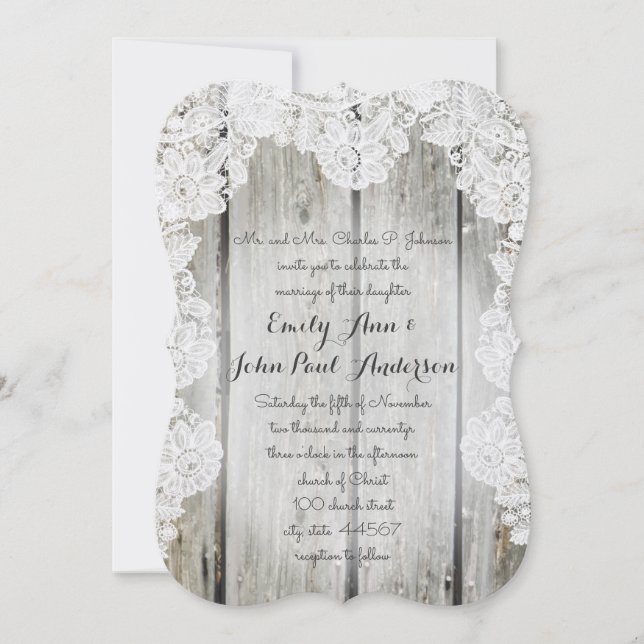 Invitation Rustique Pays Faux Lace Grange Mariage en bois (Devant)