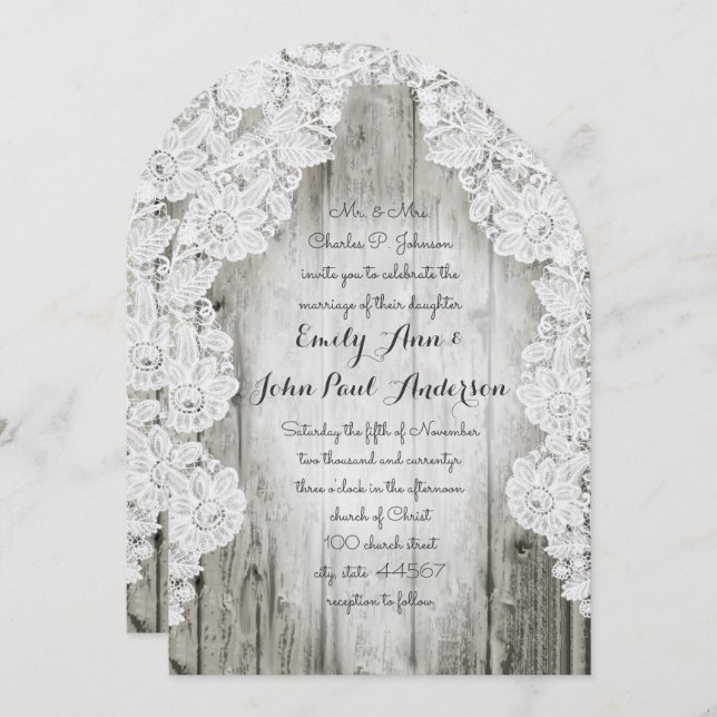 Invitation Rustique Pays Faux Lace Grange Mariage en bois (Devant / Derrière)