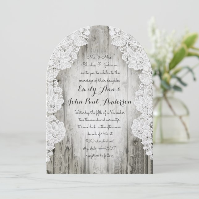 Invitation Rustique Pays Faux Lace Grange Mariage en bois (Debout devant)