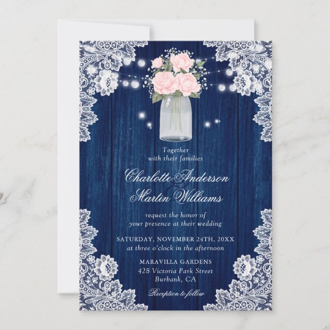 Invitation Rustique Pays Marine Bleu Blush Mariage dentelle e (Devant)