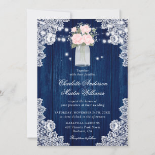 Invitation Rustique Pays Marine Bleu Blush Mariage dentelle e