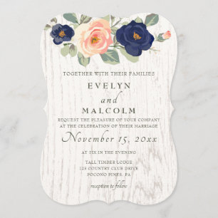 Invitation Rustique Pays Marine Bleu et Pêcher Floral Mariage