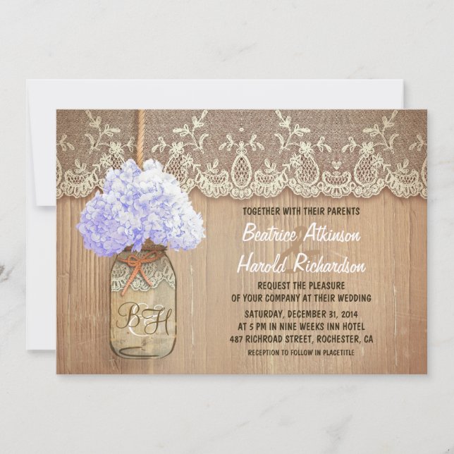 Invitation rustique pays mason jar hydrangea mariage (Devant)