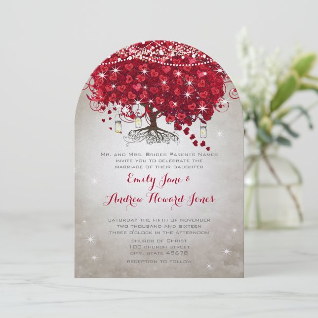 Invitation Rustique Pays Mason Jar Rouge Arbre Argent Mariage (Debout devant)