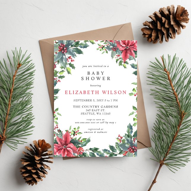 Invitation Rustique Poinsettias Holly Baby shower de Noël (Rustic Poinsettias Holly Christmas Baby Shower Invitation)