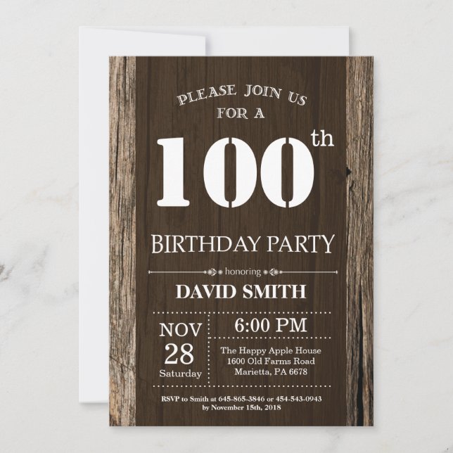 Invitation rustique pour 100e anniversaire Bois vi (Devant)