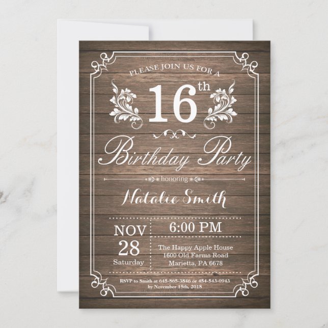 Invitation rustique pour 16 ans avec motifs florau (Devant)