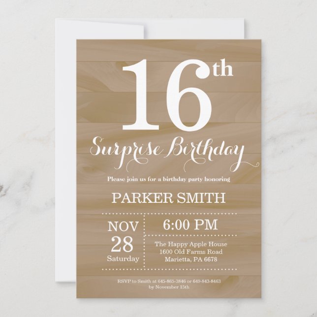 Invitation rustique pour 16 ans surprise (Devant)