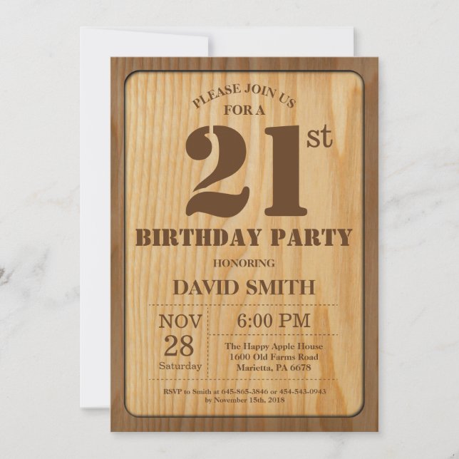 Invitation rustique pour 21e anniversaire Bois vin (Devant)