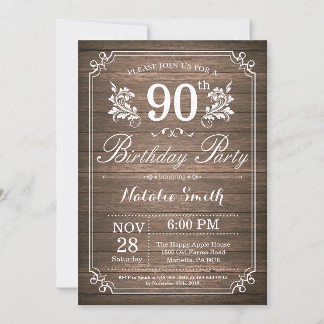 Invitation rustique pour 90e anniversaire floral (Devant)