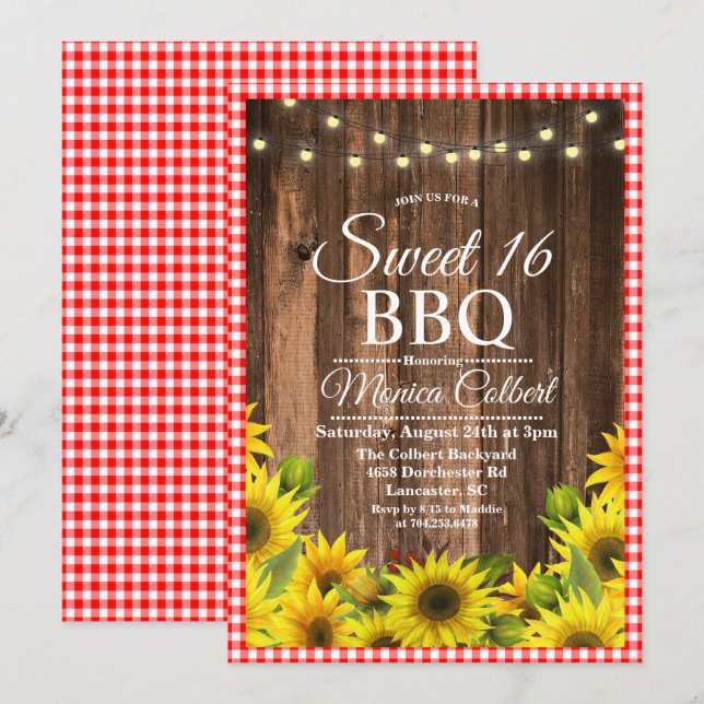 Invitation rustique pour Sweet 16 BBQ tournesol (Devant / Derrière)