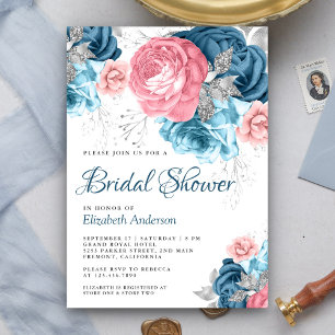 Invitation Rustique poussiéreux bleu rose floral rose mariage