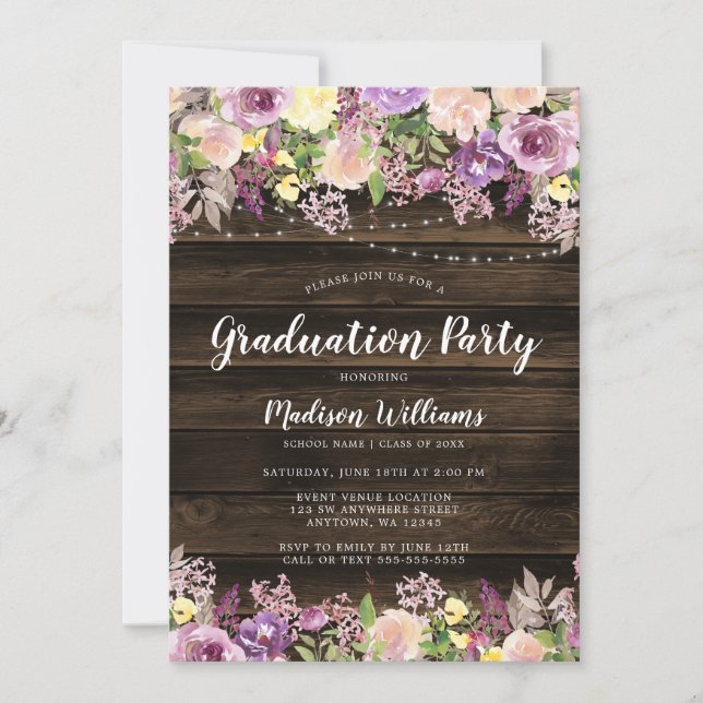 Invitation Rustique Purple Floral String Light Graduation Par (Devant)