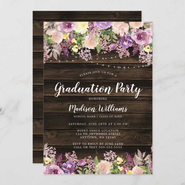 Invitation Rustique Purple Floral String Light Graduation Par (Devant / Derrière)