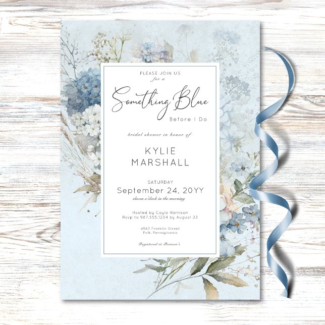 Invitation Rustique Quelque Chose de Bleu Fleurs Blanches pou (Rustic Something Blue White Floral Bridal Shower Invitation)