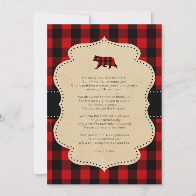 Invitation Rustique Red Plaid Bear merci note avec poème (Devant)