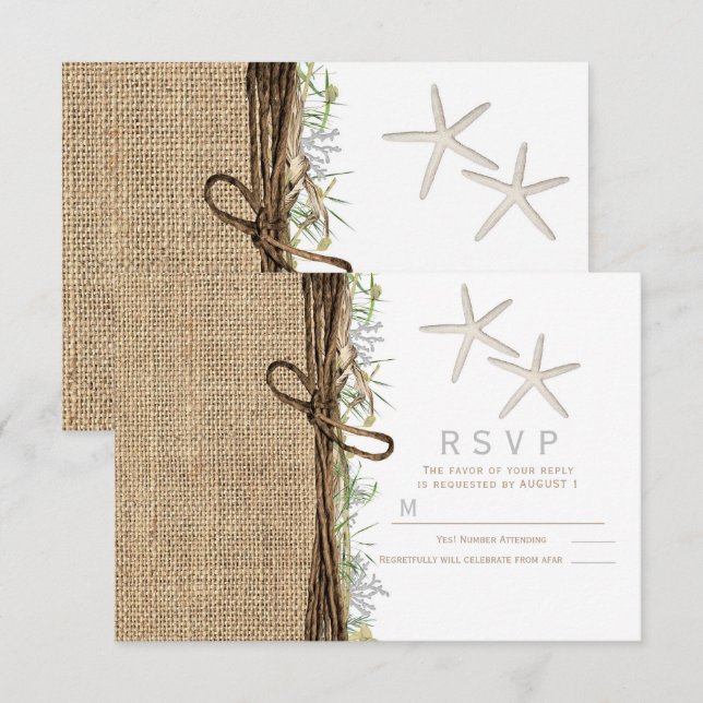 Invitation Rustique Réponse de Mariage sur Toile de Jute Étoi (Devant / Derrière)