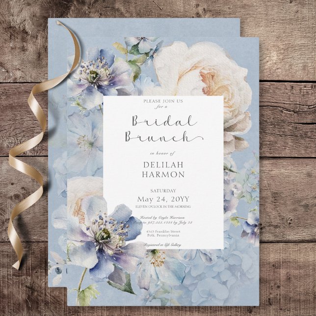 Invitation Rustique Romantique Bleu & Blanc Floral Bridal Bru (Rustic Romantic Blue & White Floral Bridal Brunch Invitation)