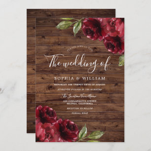 Invitation Rustique romantique Bourgogne Rouge Rose Mariage