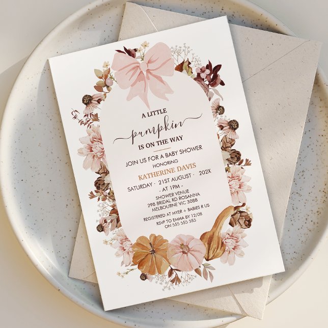 Invitation Rustique rose Automne Petit Baby shower Citrouille (Girls Fall Baby Shower Invitation Template, Little Pumpkin Baby Shower Invitation Pink Bow, Autumn)