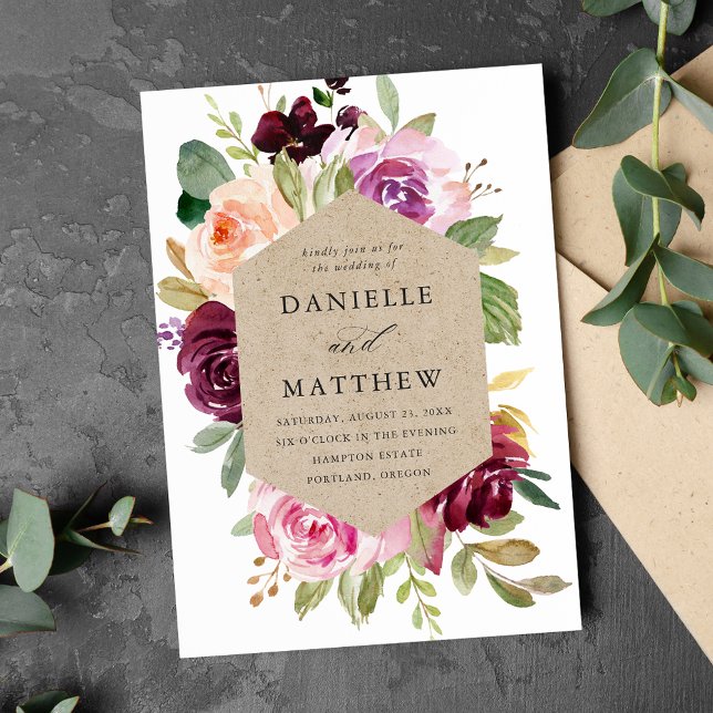 Invitation Rustique rose bordeaux et violet Mariage floral (Créateur téléchargé)