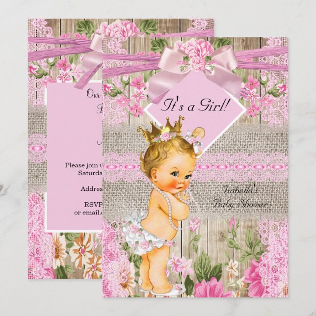 Invitation Rustique rose Burlap Girl Baby shower Blonde (Devant / Derrière)