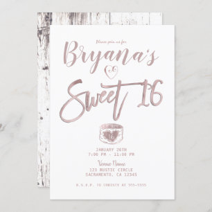 Invitation Rustique Rose en bois blanc or rose doux 16 Partie