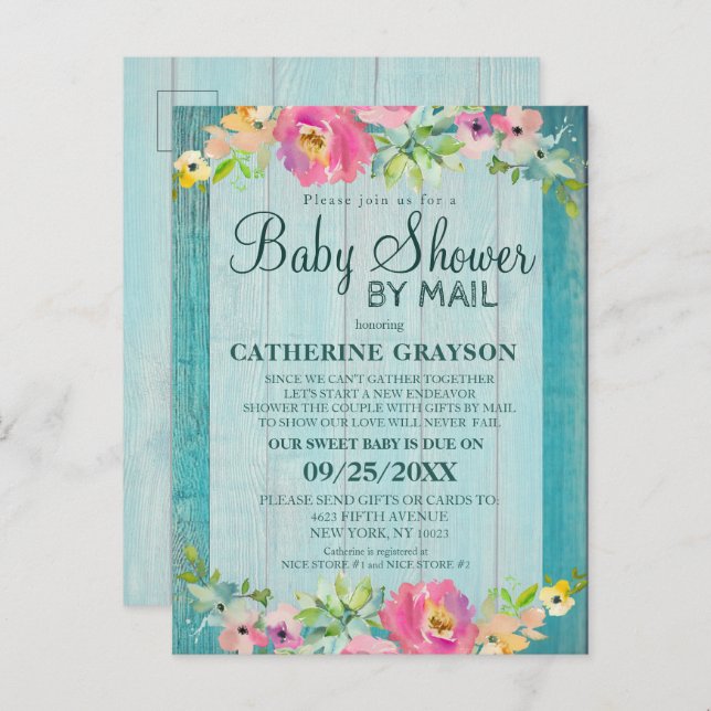 Invitation Rustique rose Floral & Baby shower Bois (Devant / Derrière)