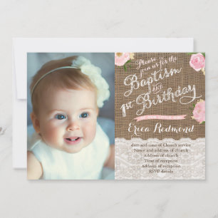Invitation Rustique rose floral Baptême 1er anniversaire