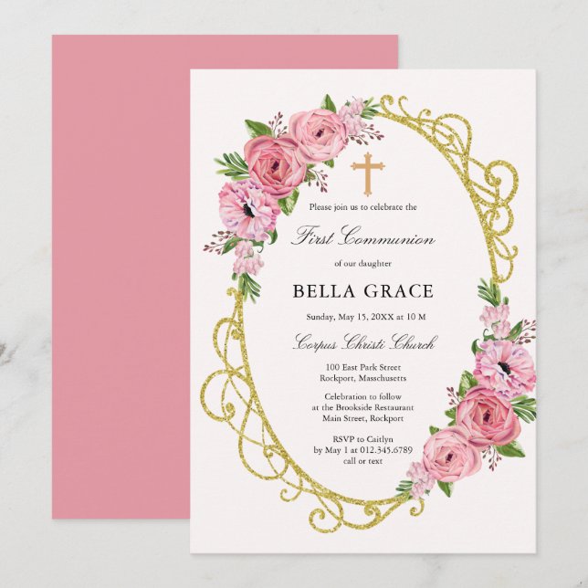 Invitation Rustique rose Floral First Holy Communion Invitati (Devant / Derrière)