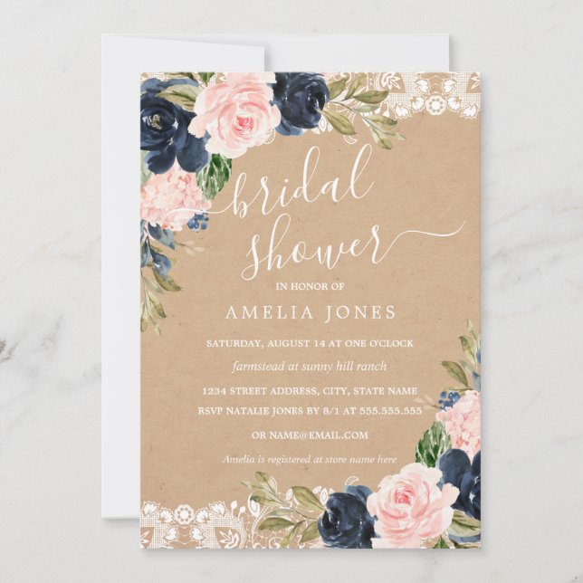 Invitation Rustique Rose Floral Navy Lace Mariage Douche (Devant)