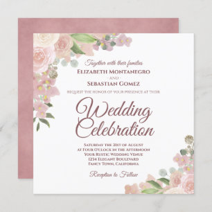 Invitation Rustique rose Mauve & Coral Aquarelle Rose Mariage