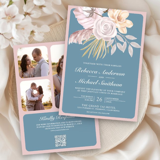 Invitation Rustique Rose Pâle Bleu Poussiéreux Code QR Floral (Créateur téléchargé)