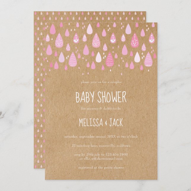Invitation Rustique rose Raindrops Baby Girl Douche (Devant / Derrière)