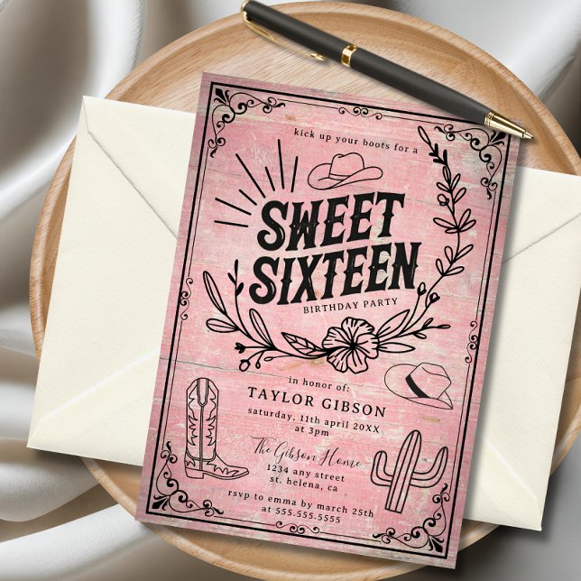 Invitation Rustique rose Sweet sixteen Floral Occidental (Rustic pink cowgirl sweet sixteen invitation with western floral design and cowboy hat accents.)